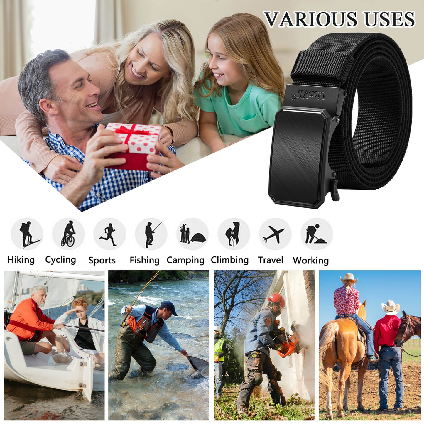 LionVII Ratchet Elastic Stretch Belts, 1 3/8" Belt for Men with Automatic Buckle for Men, Adjustable Trim to Fit 28-49" Waist