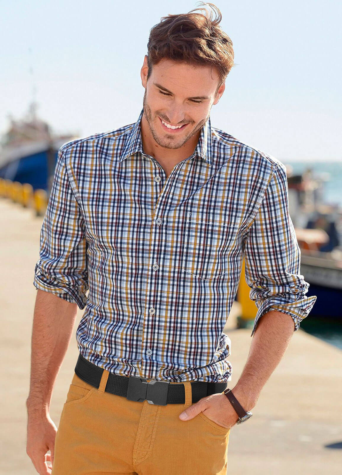 LionVII Elastic Men Belt, Stretch Belts with Quick Release Buckle Fit Through Belt Loops, Adjustable Trim to Fit 28-48" Waist