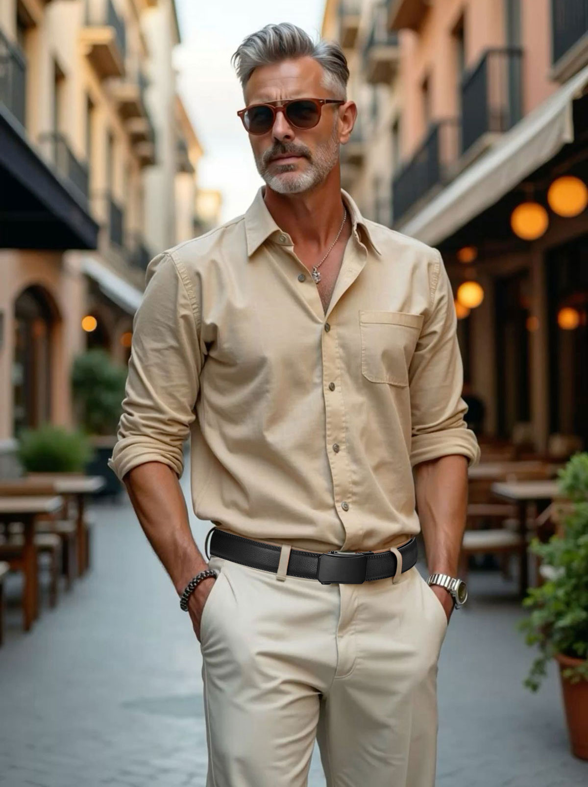 LionVII Men's Ratchet Belt - Genuine Leather Belt for Dress and Casual Black