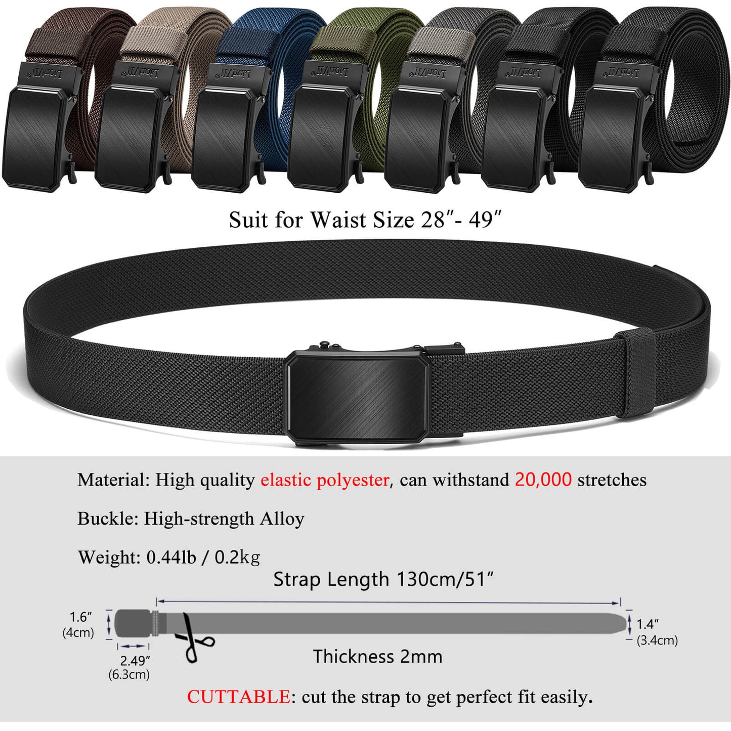 LionVII Ratchet Elastic Stretch Belts, 1 3/8" Belt for Men with Automatic Buckle for Men, Adjustable Trim to Fit 28-49" Waist