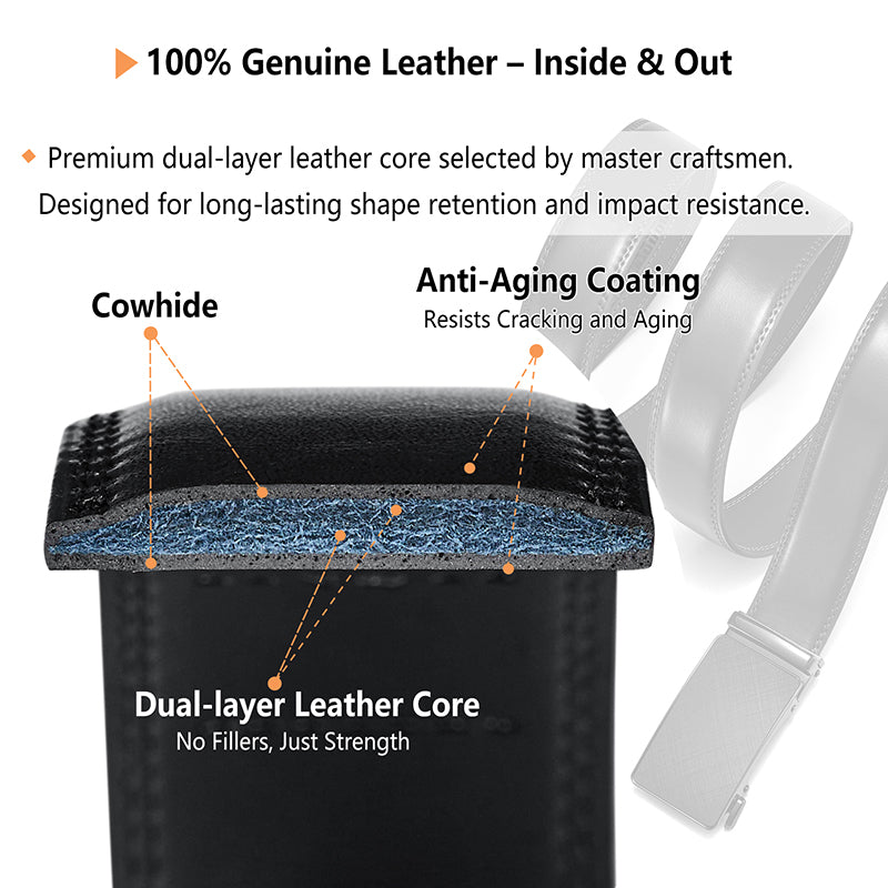 Men's Genuine Leather Belt Ratchet for Casual Trim Fit 29-50" Waist
