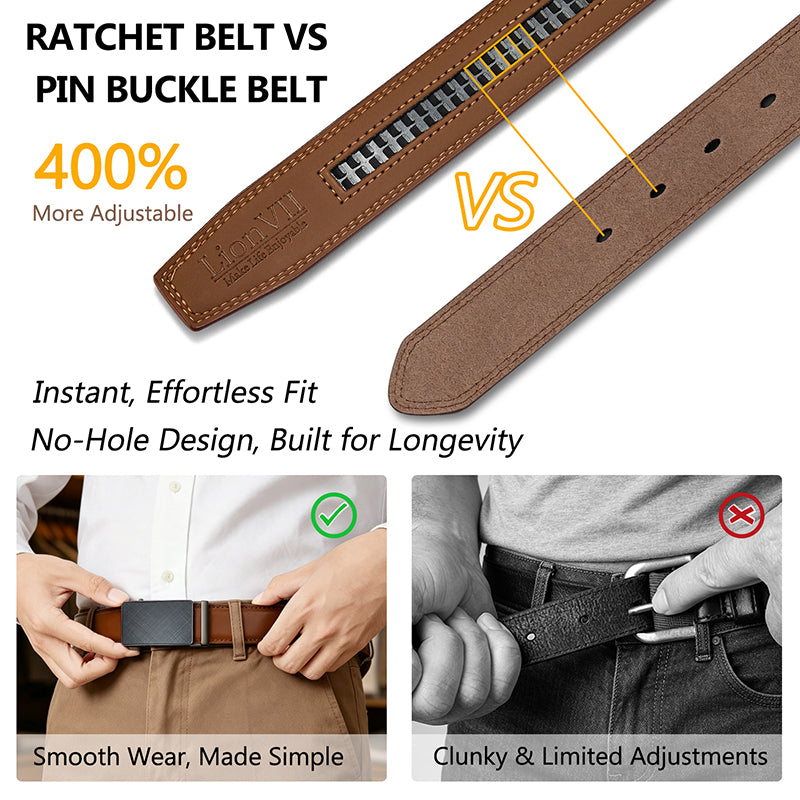 Men's Genuine Leather Belt Ratchet for Casual Trim Fit 29-50" Waist