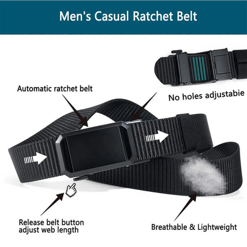 Ratchet Belts for Men, 1 3/8' Nylon Fabric Strap Belt with Click Buckle, Adjustable Trim to Fit 27- 46' Waist - Product Features:1,Corrosion resistance, Oxidation resistance;2,Strong strap(twice as strong as th - LionVII Professional Gear