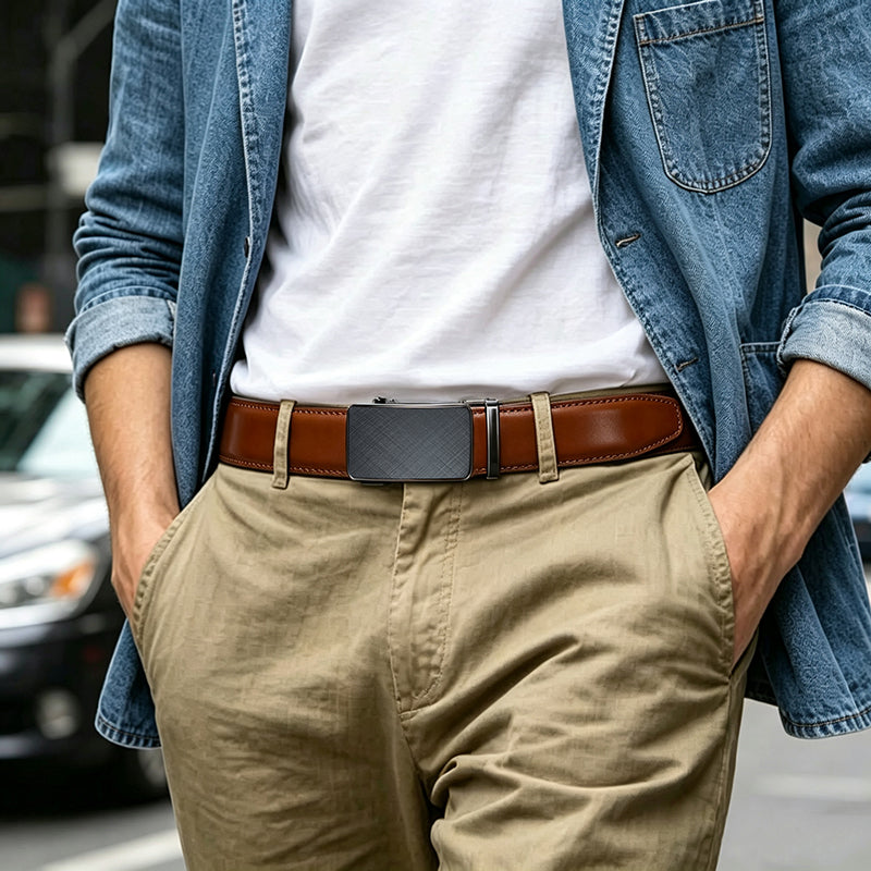 Men's Genuine Leather Belt Ratchet for Casual Trim Fit 29-50" Waist