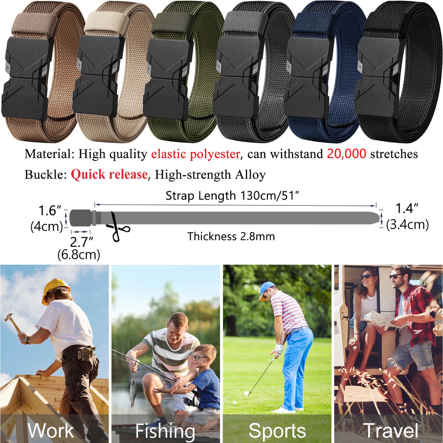 LionVII Quick Release Elastic Belt, Men Stretch Belts with Buckle Fit Through Belt Loops, Adjustable Trim to Fit 28-48" Waist