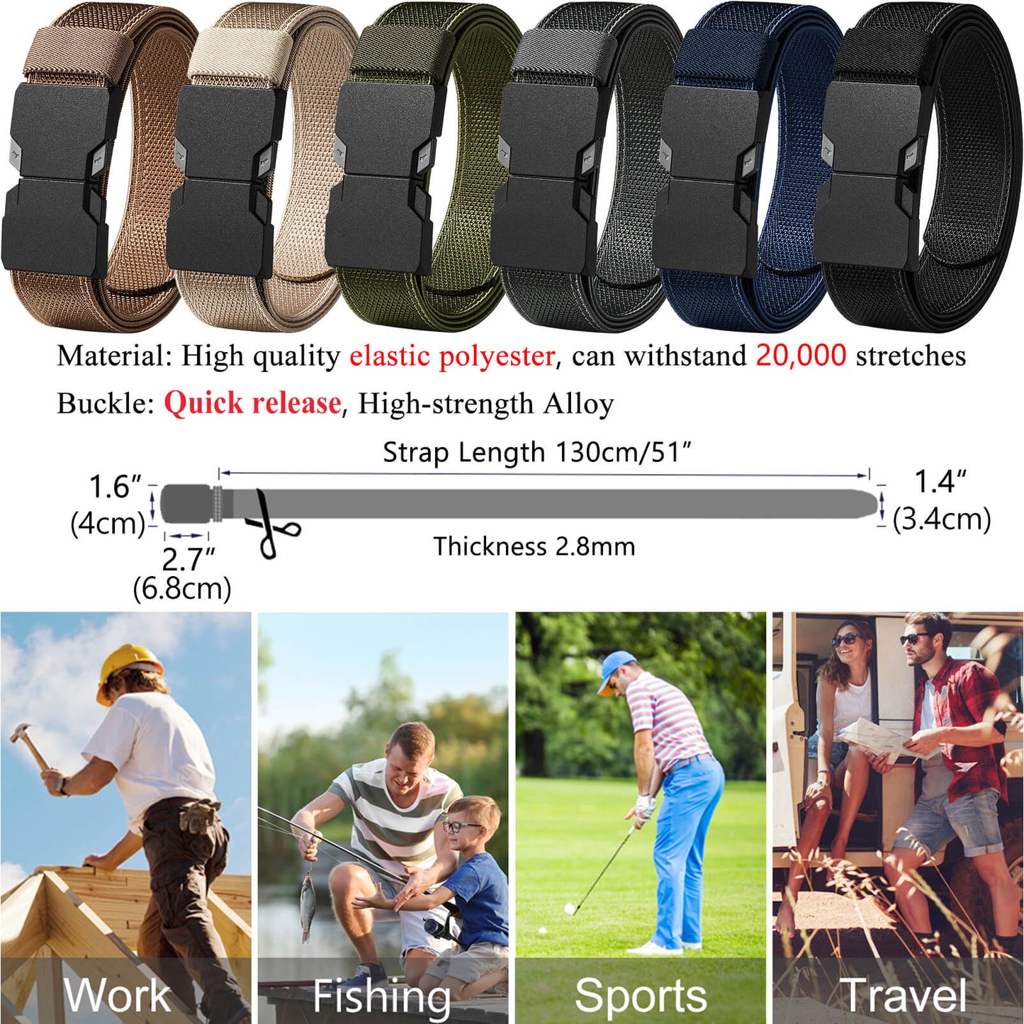 LionVII Elastic Men Belt, Stretch Belts with Quick Release Buckle Fit Through Belt Loops, Adjustable Trim to Fit 28-48" Waist